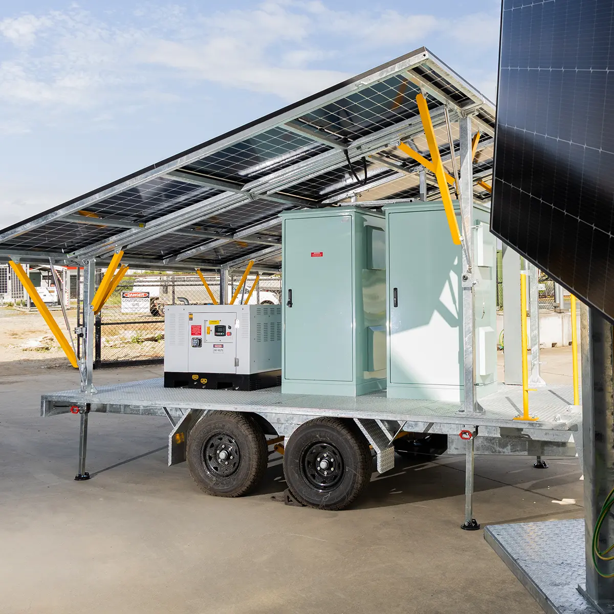 CSE Linked EC0G3N communication trailer with solar panels, generator and cabinets, designed for off-grid mining applications.